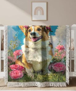 Couverture Tissée Corgi avec une Couronne de Fleurs
