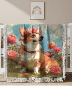 Couverture Tissée Corgi Assis trên l'Herbe avec une Rose