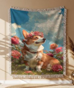 Alternative view of Couverture Tissée Corgi Assis trên l'Herbe avec une Rose