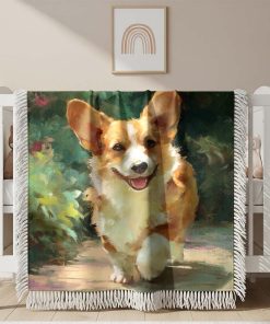 Couverture Tissée Corgi Joyeux Marchant trong un Jardin