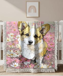Couverture Tissée Corgi trong un Champ de Fleurs