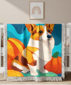 Couverture Tissée Corgi Mignon à côté d'une Citrouille