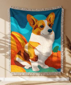 Alternative view of Couverture Tissée Corgi Mignon à côté d'une Citrouille