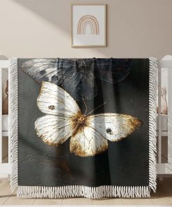 Couverture Tissée Papillons Noir et Blanc