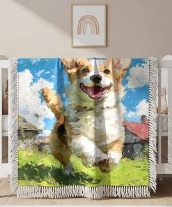 Couverture Tissée Corgi Souriant Courant trong l'Herbe