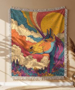 Alternative view of Couverture Tissée Licorne Arc-en-Ciel Rétro