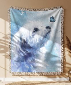 Couverture Tissée Bichon Maltais Blanc et Papillon