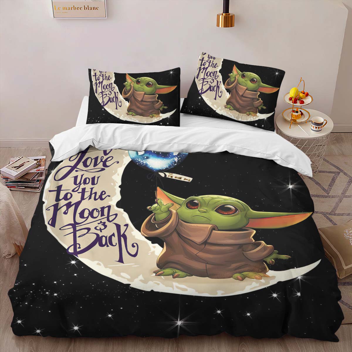 Housse De Couette Bébé Yoda Je t’aime jusqu’à la lune et retour Parure de lit Ensemble De Literie – Image 2