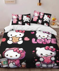 Alternative view of Housse De Couette Hello Kitty fond noir et Kitty rose Parure de lit Ensemble De Literie