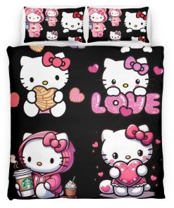 Housse De Couette Hello Kitty fond noir et Kitty rose Parure de lit Ensemble De Literie