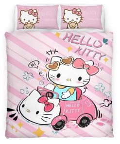 Housse De Couette Hello Kitty et voiture rose Parure de lit Ensemble De Literie