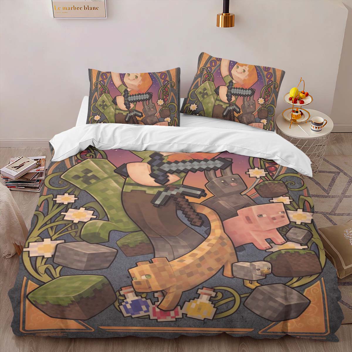Housse De Couette Minecraft Alex et Personnages en Cochons et Chats Parure de lit Ensemble De Literie – Image 2