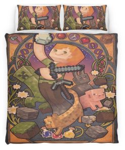 Housse De Couette Minecraft Alex et Personnages en Cochons et Chats Parure de lit Ensemble De Literie