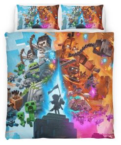 Housse De Couette Minecraft Legends – Creeper, Golem de Savane contre Piglins dans le Nether Parure de lit Ensemble De Literie