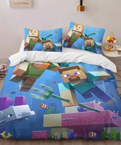 Alternative view of Housse De Couette Minecraft Steve et Alex sous l’Océan – Combat du Gardien Parure de lit Ensemble De Literie