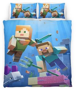 Housse De Couette Minecraft Steve et Alex sous l’Océan – Combat du Gardien Parure de lit Ensemble De Literie