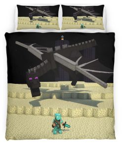 Housse De Couette Minecraft Steve et Ender Dragon dans l’End Parure de lit Ensemble De Literie