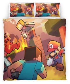 Housse De Couette Minecraft Steve vs Mario – Duel Parure de lit Ensemble De Literie