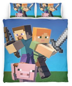 Housse De Couette Minecraft Steve avec Cochon – Salle de Jeu Parure de lit Ensemble De Literie