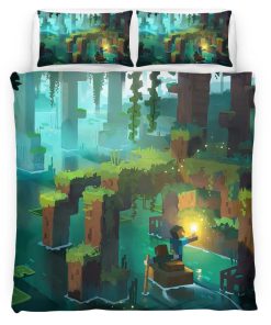 Housse De Couette Minecraft Scène Forêt et Rivière Parure de lit Ensemble De Literie