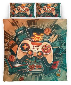 Housse De Couette Manette Gaming Rétro Vintage Parure de lit Ensemble De Literie