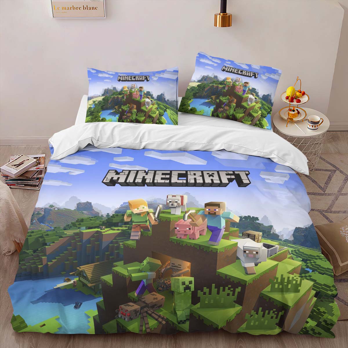 Housse De Couette Minecraft Tous les Personnages Steve et Loup Parure de lit Ensemble De Literie – Image 2