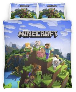Housse De Couette Minecraft Tous les Personnages Steve et Loup Parure de lit Ensemble De Literie